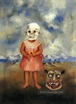 Mädchen mit Totenmaske Sie spielt allein Feminismus Frida Kahlo Ölgemälde